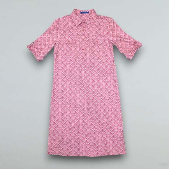 J. McLaughlin Dresses & Skirts - Pink Geometric Shirt Dress Stretch Chest Pockets Collared XS
